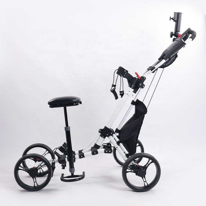 Golf Push Pull Cart With Seat Lightweight Foldable Collapsible 4 Wheels Golf Trolley With Foot Brake Adjustable Umbrella Holder