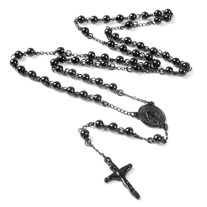 High quality stainless steel rosary Cross Necklace 5mm6mm black stainless steel sweater Necklace Necklace