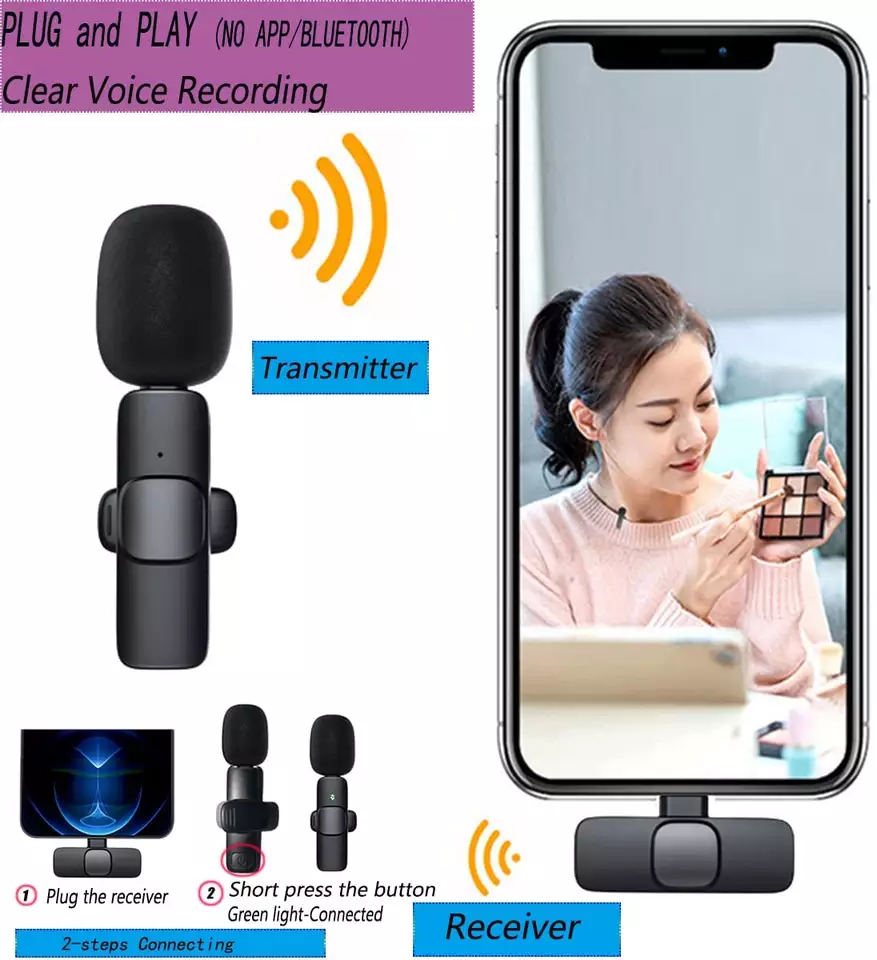 OEM Professional Wireless Lavalier Lapel Mini Microphone 2 Clips Noise Reduce Recording Small Mic For iPhone Android Live Stream