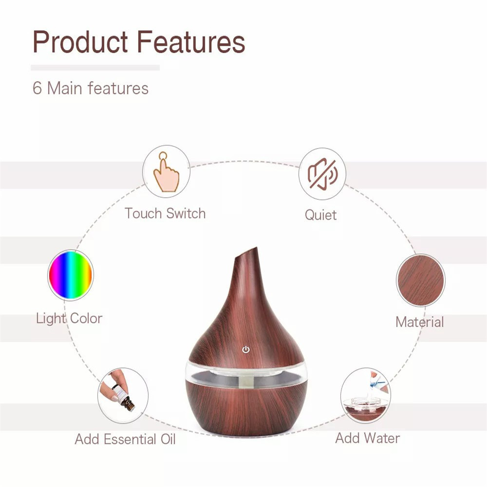 Essential Oil Diffuser 300ml Wooden Mini Air Ultrasonic Aromatherapy Cool Mist Car Humidifier 7 Ambient Light Lamp Auto shut-off