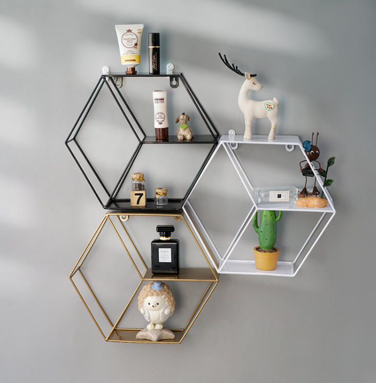 Decorative Display Rack Modern Circular/Hexagon Metal Frame Wall Mounted Floating Shelf