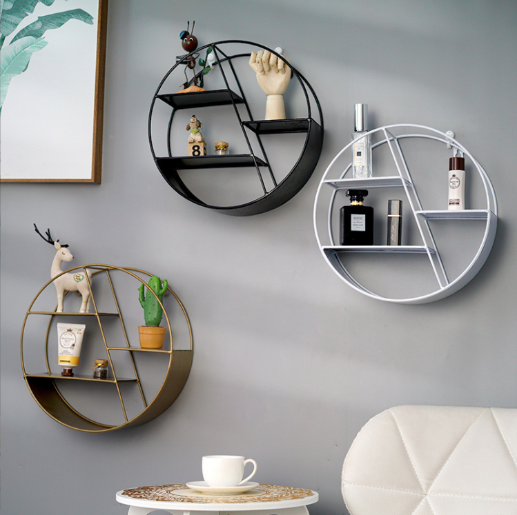 Decorative Display Rack Modern Circular/Hexagon Metal Frame Wall Mounted Floating Shelf