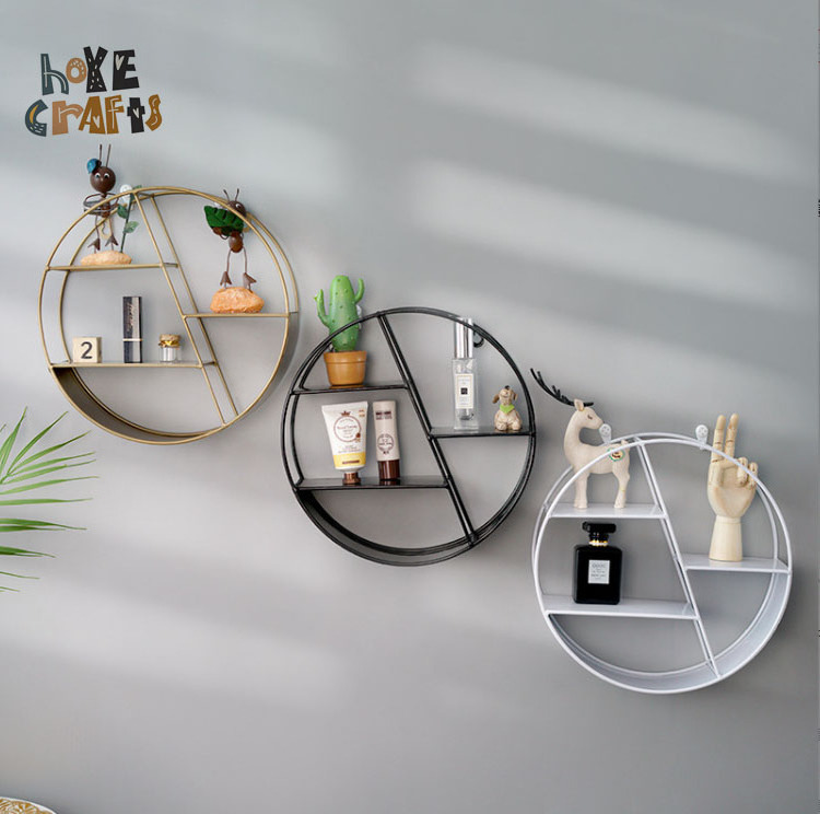 Decorative Display Rack Modern Circular/Hexagon Metal Frame Wall Mounted Floating Shelf