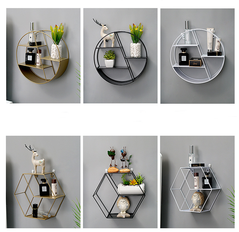 Decorative Display Rack Modern Circular/Hexagon Metal Frame Wall Mounted Floating Shelf