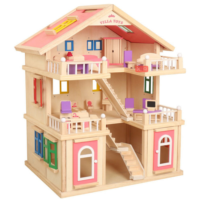 Top bright princess pretend game doll house girls gifts kids furniture peg dolls villa wooden toy house