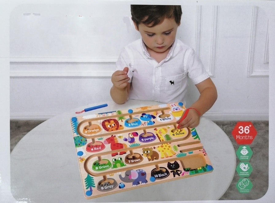 Factory Direct Sale Educational Toy Wooden Beads Maze Toy Animal Numbers Matching Game Magnetic color sorting Maze Board Game