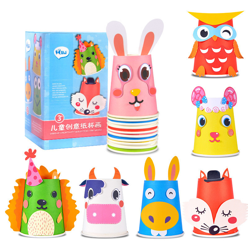 promotional gifts Creative DIY materials kids sticker kits funny paper crafts animal shaped paper toy cups with adhesive tape