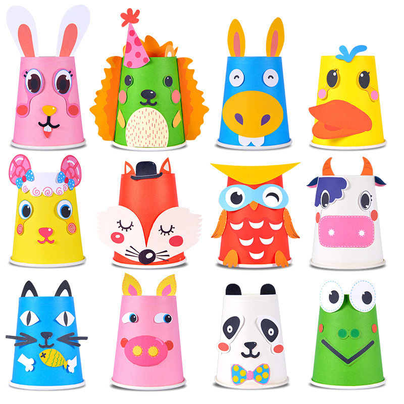 promotional gifts Creative DIY materials kids sticker kits funny paper crafts animal shaped paper toy cups with adhesive tape