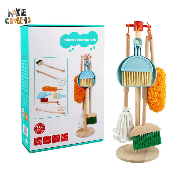 New wholesale wooden simulation cleaning tools housekeeping accessories cleaning toy set