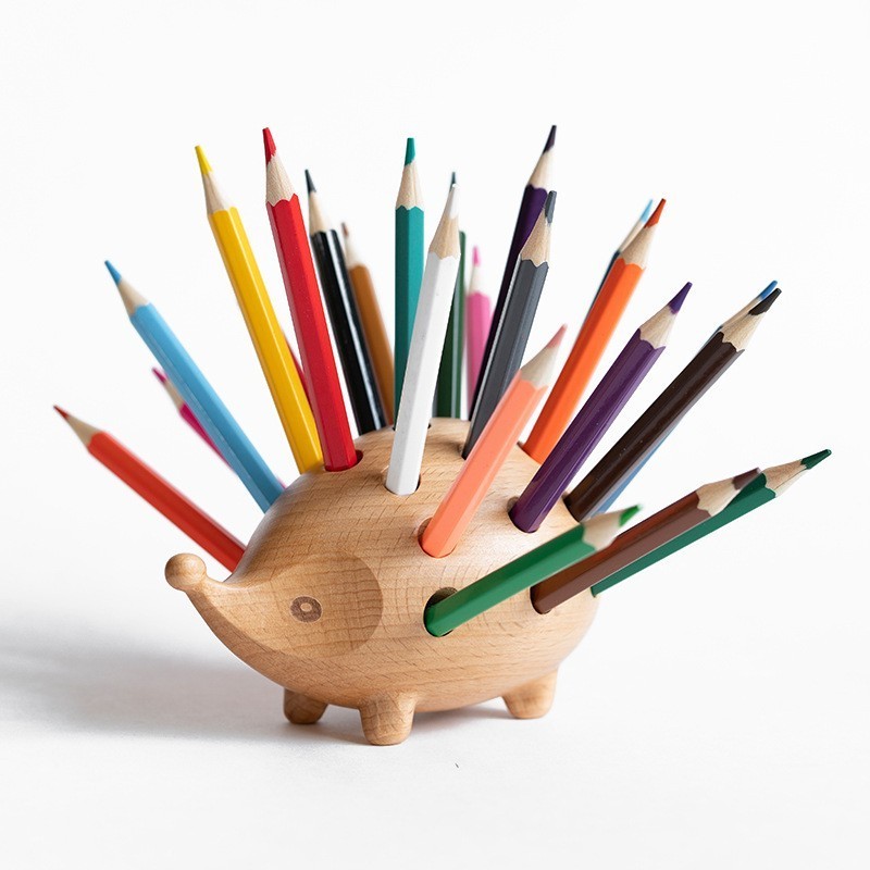 Hoye crafts Simple style hedgehog pen holder Funny tabletop ornament Cute wooden pen holder with 24 holes