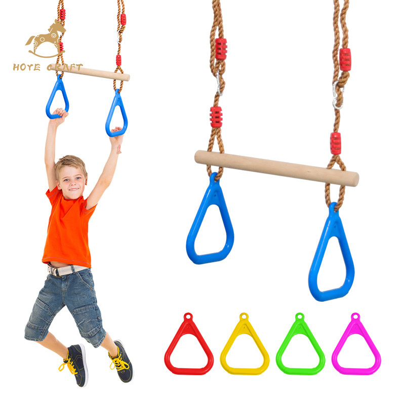 Children Wooden Hanging Trapeze Bar Outdoor Park Gymnastic Rings Bar Swing and Gym Rings