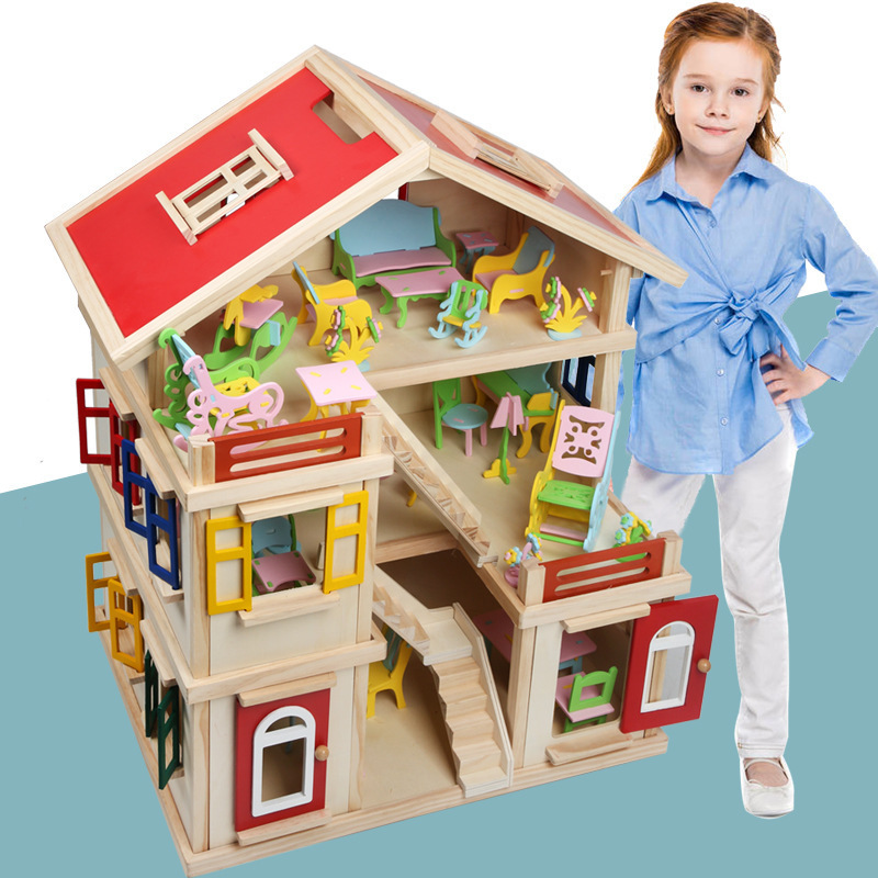 Wholesale wood diy doll house big wooden toy for kids