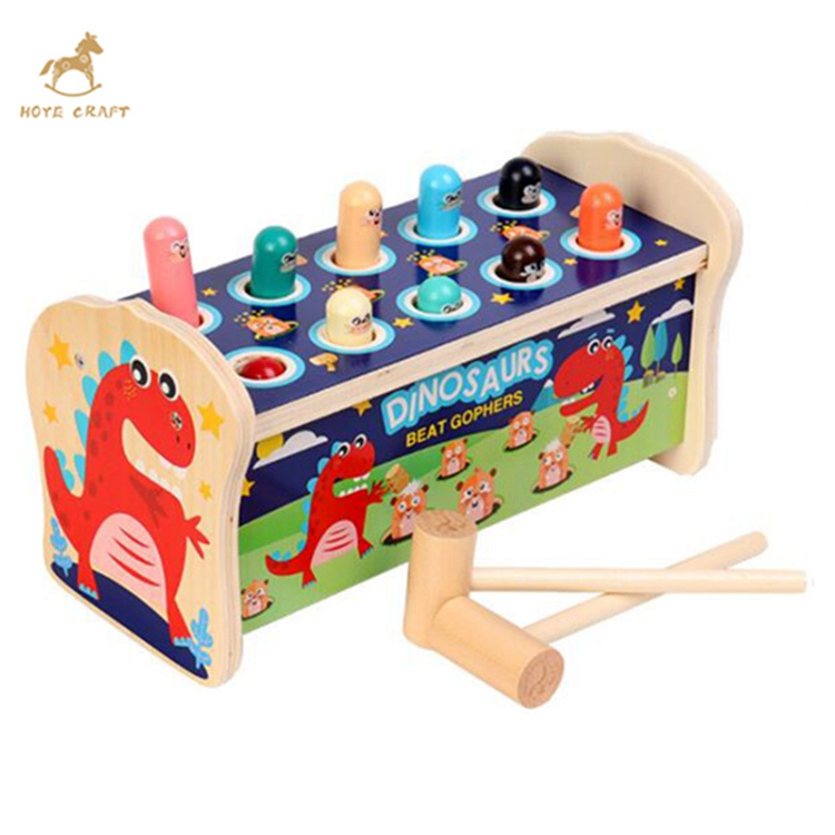 Dinosaur shaped wooden hammer pounding bench educational toys whack-a-mole game for kids