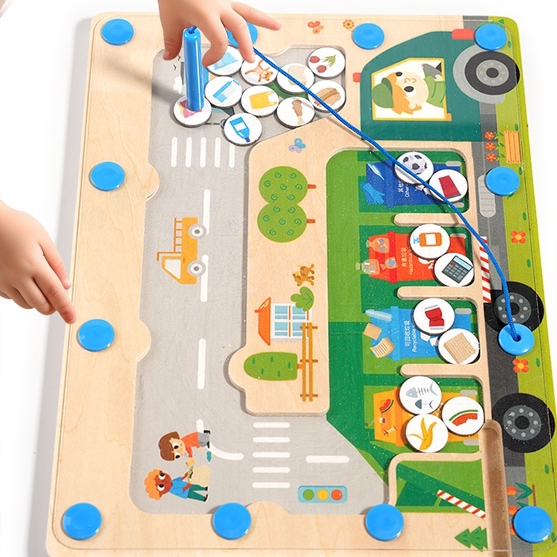 Kids Wooden Magnetic Maze Board Toy Waste Sorting Pen Control Board Game