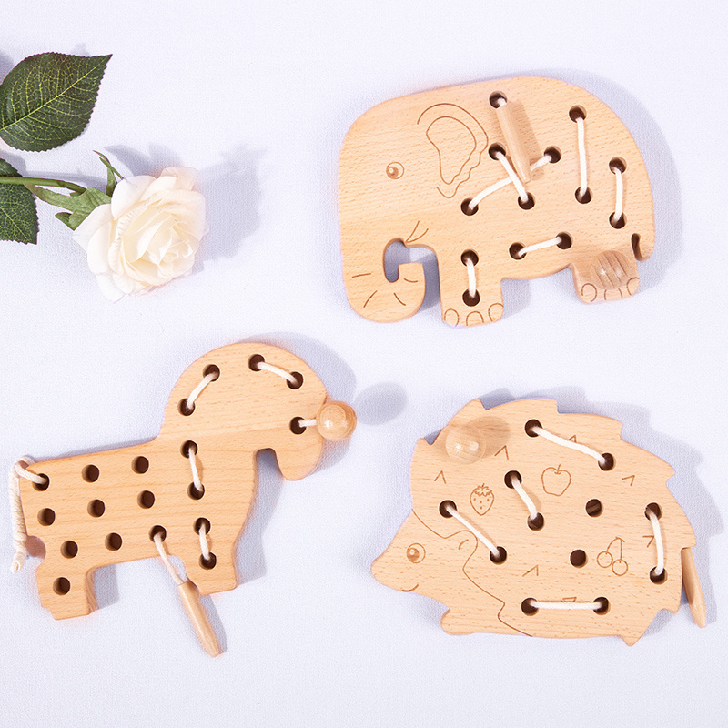 HOYE CRAFT Fashion New Kids Sapele Wooden Threading Bead Toys Star Moon Shape Lacing Game Early Educational Learning Toys