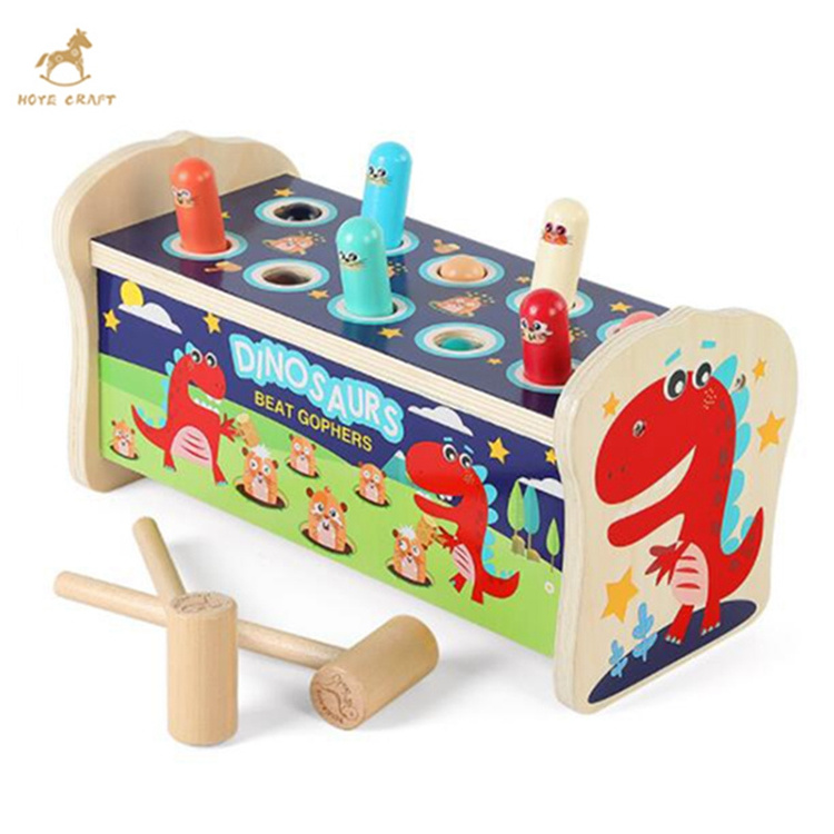 Dinosaur shaped wooden hammer pounding bench educational toys whack-a-mole game for kids