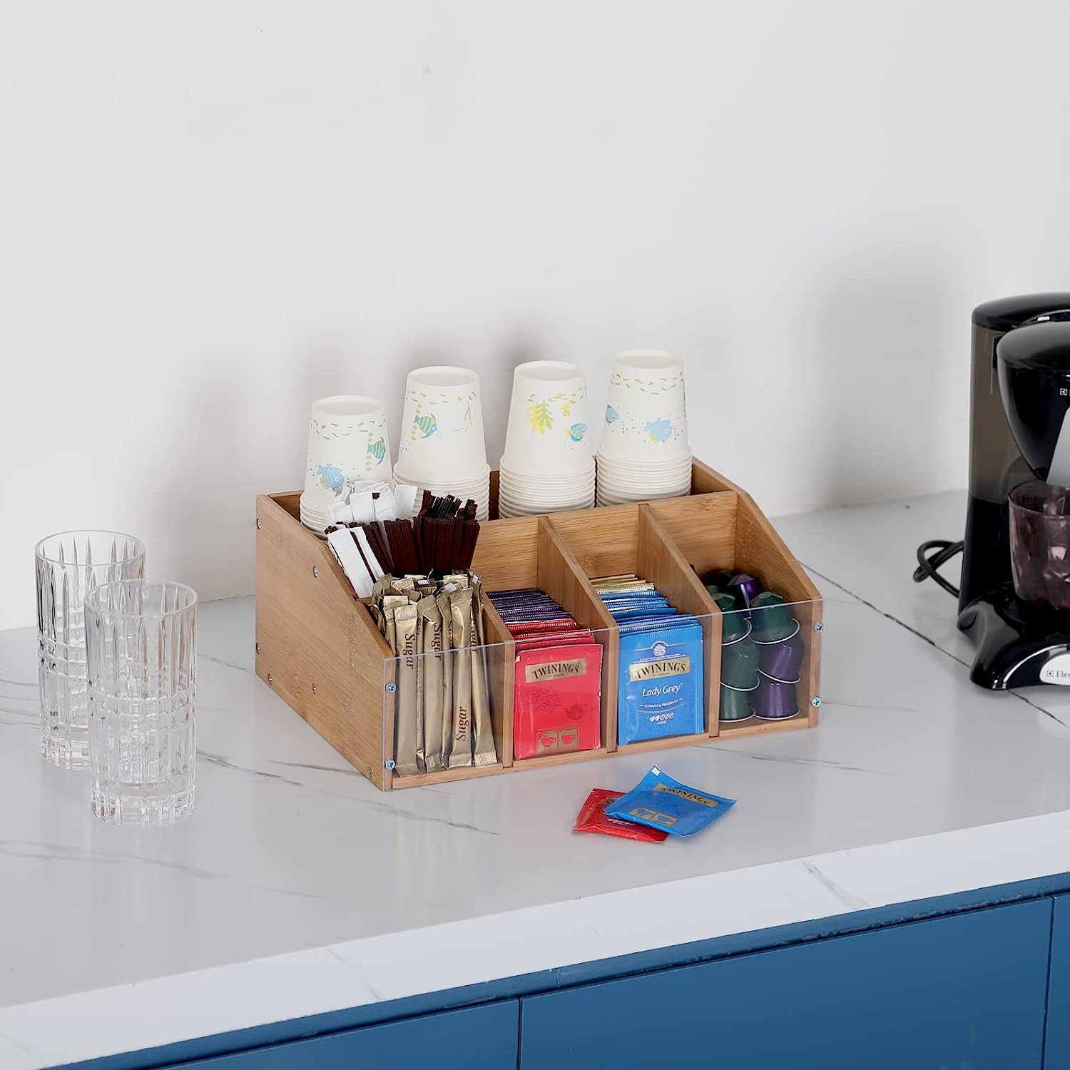 Coffee Station Organizer Coffee Bar Caddy Organizer with Removable Dividers Office Coffee Bar Accessories and Organizer