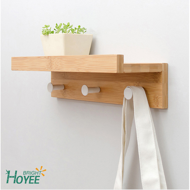 Bamboo Wall Mounted Shelf Rack Coat Hooks Rack with Hooks for Entryway, Bedroom, Kitchen, Bathroom