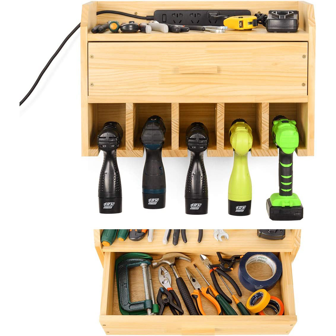 Power Tool Organizer Storage Garage Organizer Drill Charging Station Wooden Cordless Drill Holder Rack Wall Mount with Drawer