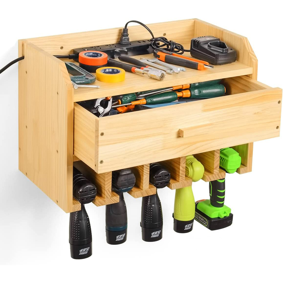 Power Tool Organizer Storage Garage Organizer Drill Charging Station Wooden Cordless Drill Holder Rack Wall Mount with Drawer