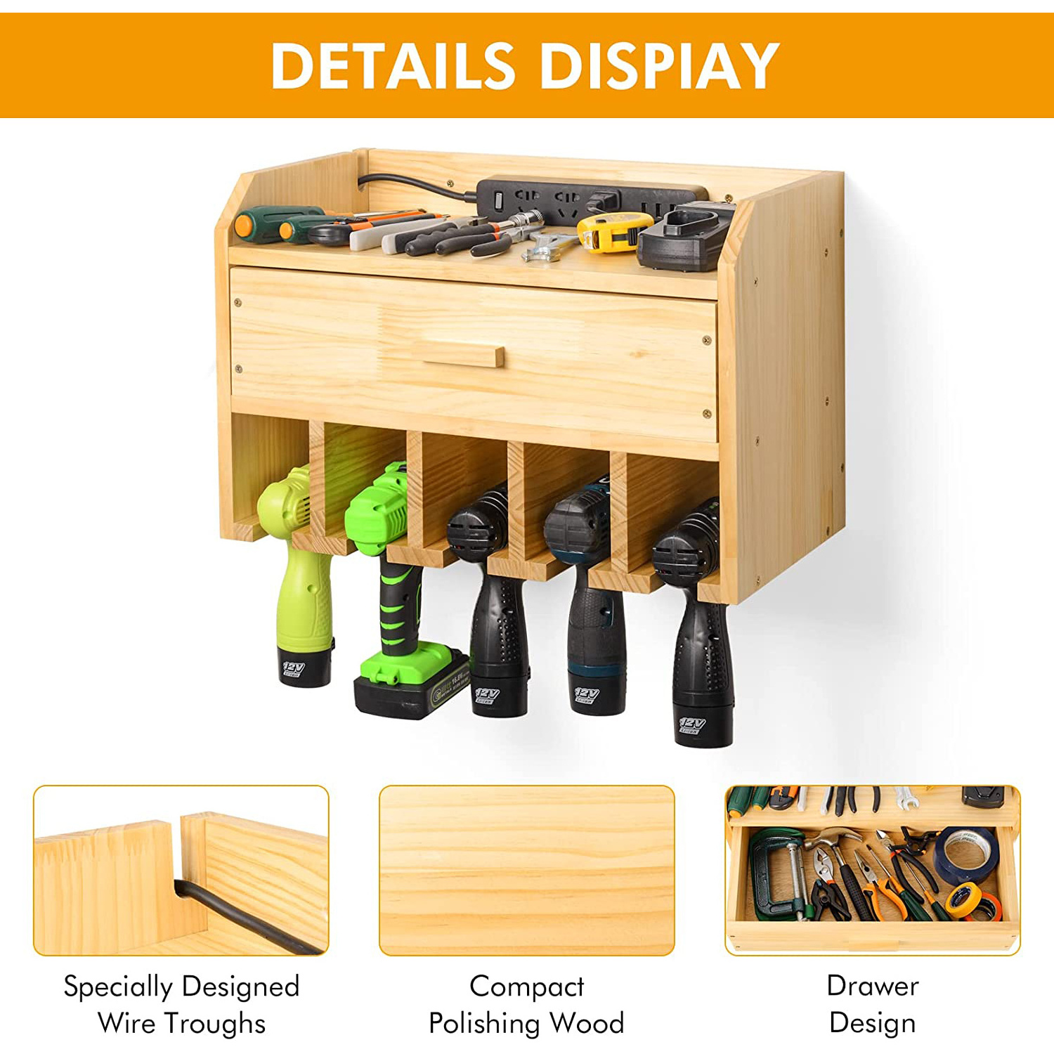 Power Tool Organizer Storage Garage Organizer Drill Charging Station Wooden Cordless Drill Holder Rack Wall Mount with Drawer