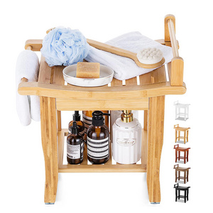 Bamboo Shower Bench with Storage Shelf, 2-Tier Spa Seat Bath Stool for Bathroom Bathtub