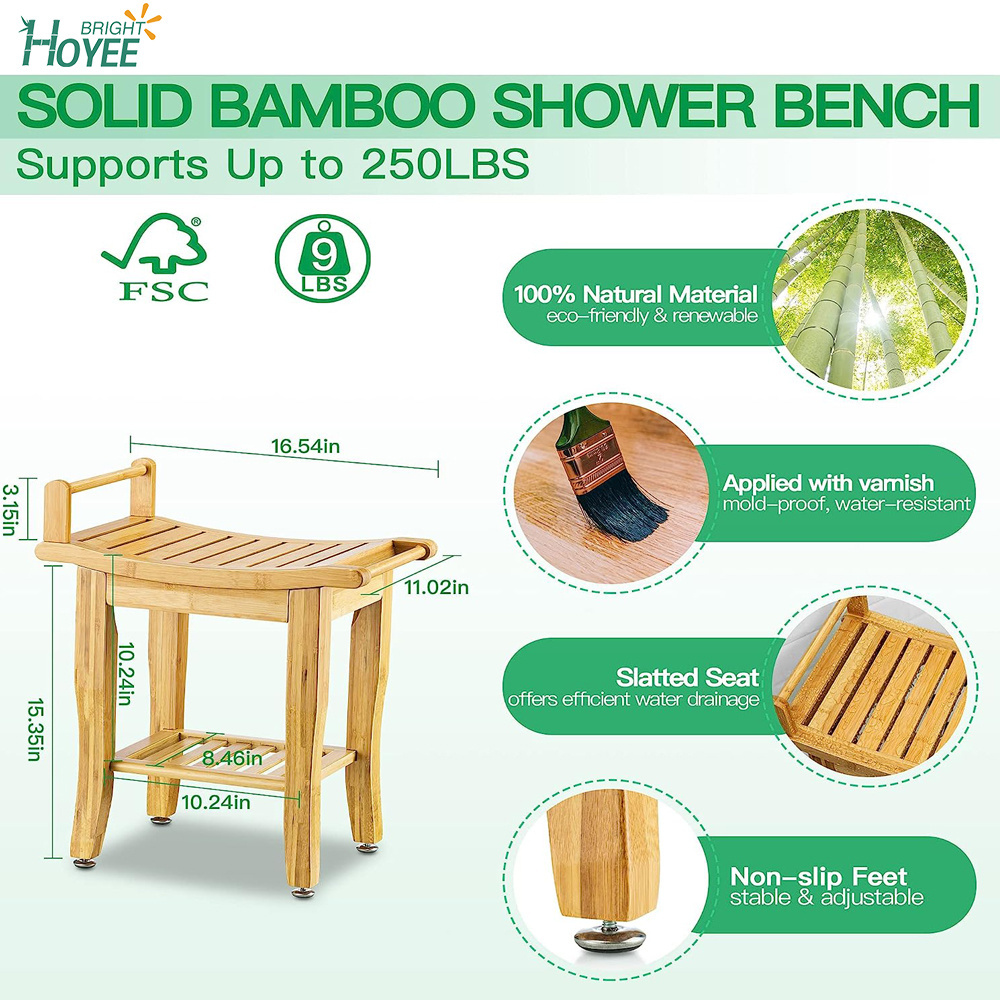 Bamboo Shower Bench with Storage Shelf, 2-Tier Spa Seat Bath Stool for Bathroom Bathtub