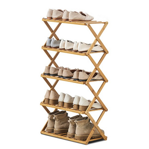 5-Tier Collapsible Bamboo Shoe Rack  Standing Shoe Shelf Storage Organizer Without Assembly