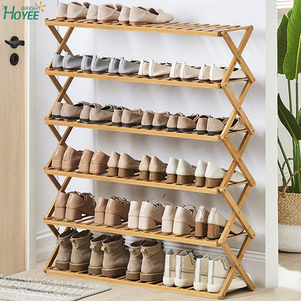 5-Tier Collapsible Bamboo Shoe Rack  Standing Shoe Shelf Storage Organizer Without Assembly