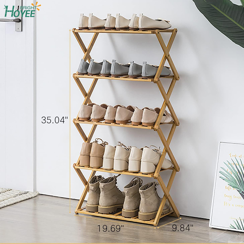 5-Tier Collapsible Bamboo Shoe Rack  Standing Shoe Shelf Storage Organizer Without Assembly