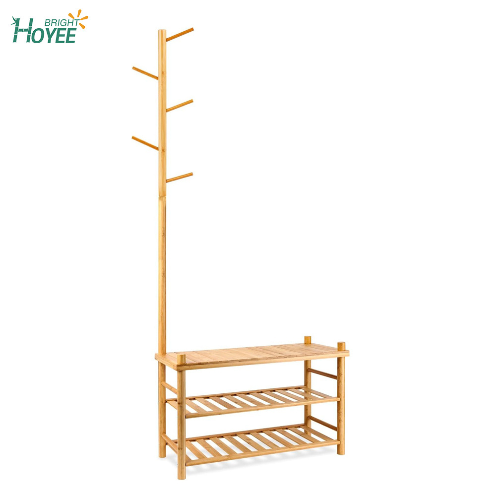 3 in 1 Design Bamboo Shoe Rack Entryway Bench with Coat Rack