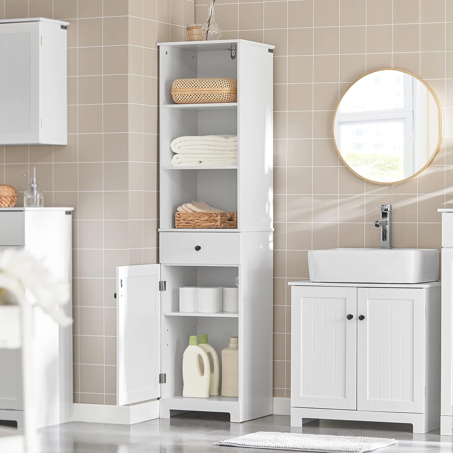 Floor Standing Tall Bathroom Storage Cabinet with Shelves and Drawers,Linen Tower Bath Cabinet, Cabinet with Shelf