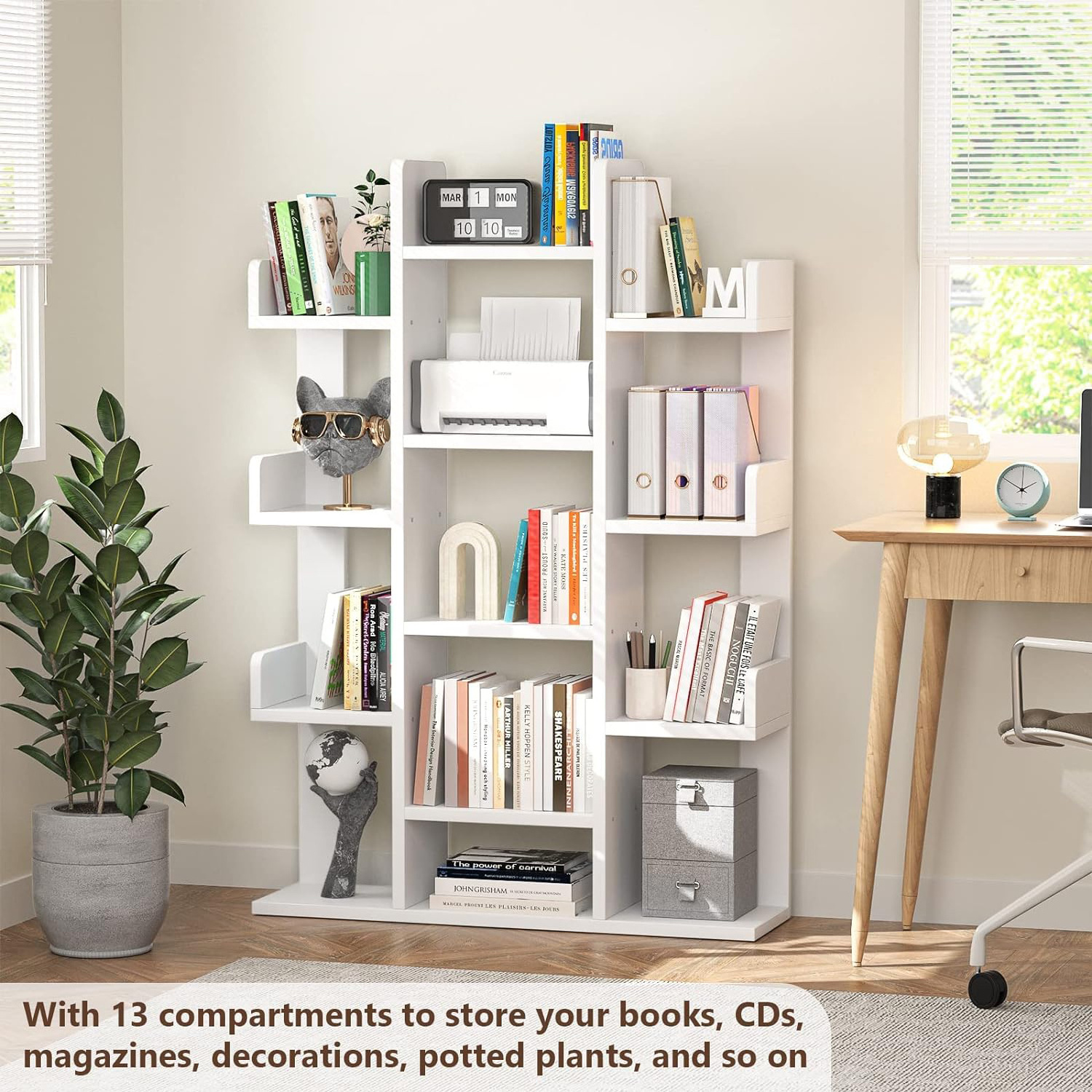 Free Standing Wooden Bookshelf Tree-Shaped Bookcase Storage Shelf with 13 compartments Books Organizer Display Cube Shelves