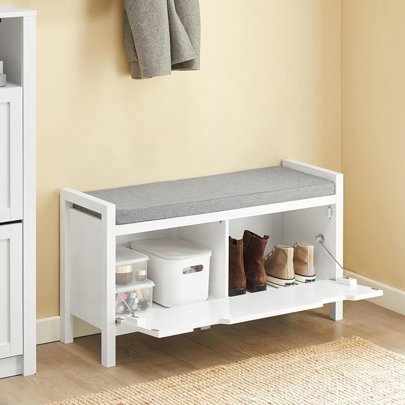 White Storage Bench with Flip-Down Door and Padded Cushion, Shoe Bench for Entryway, Hallway and Bedroom