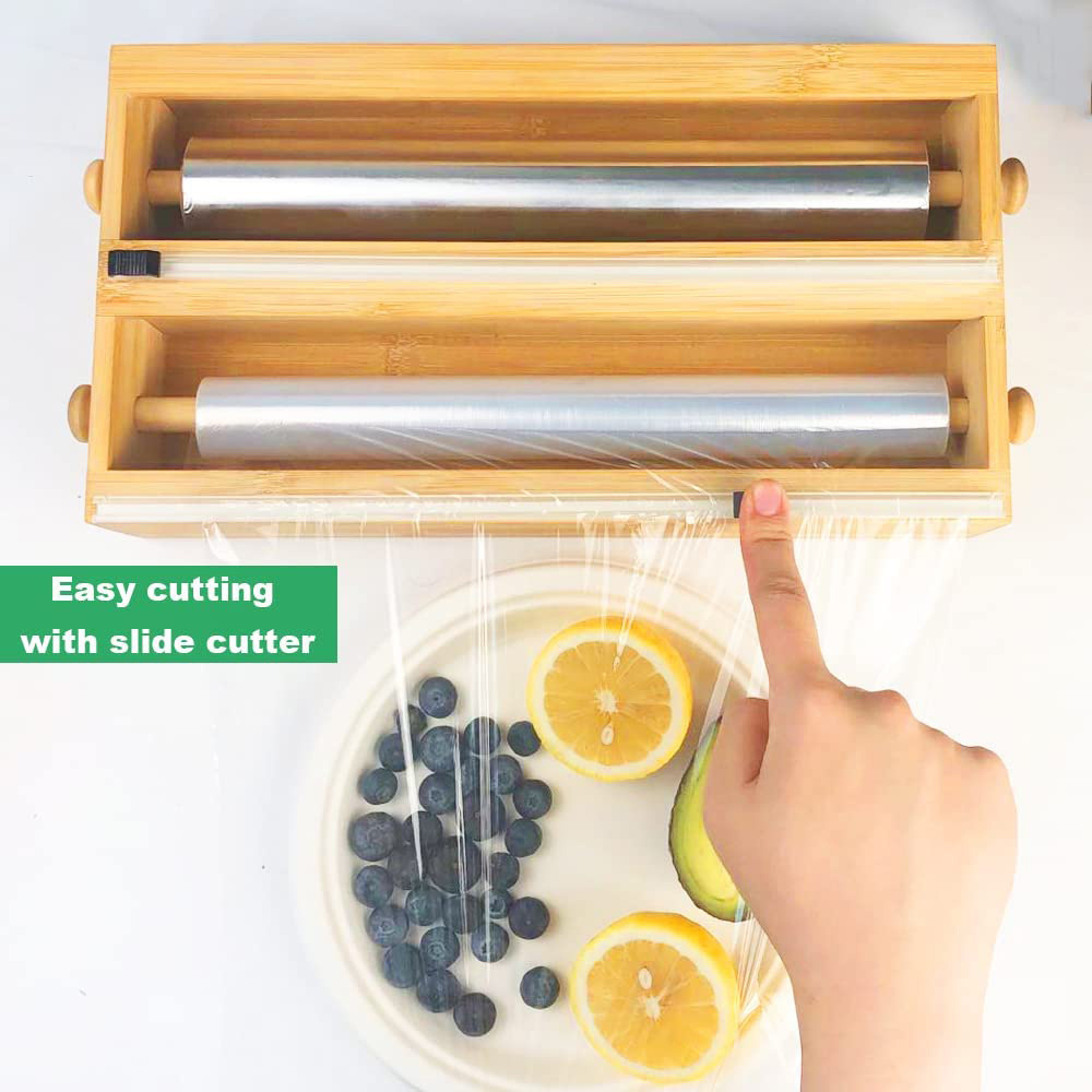 Bamboo Aluminum Foil Dispenser with Cutter-2 and 1 Kitchen Drawer Storage Dispenser-Suitable for All 12