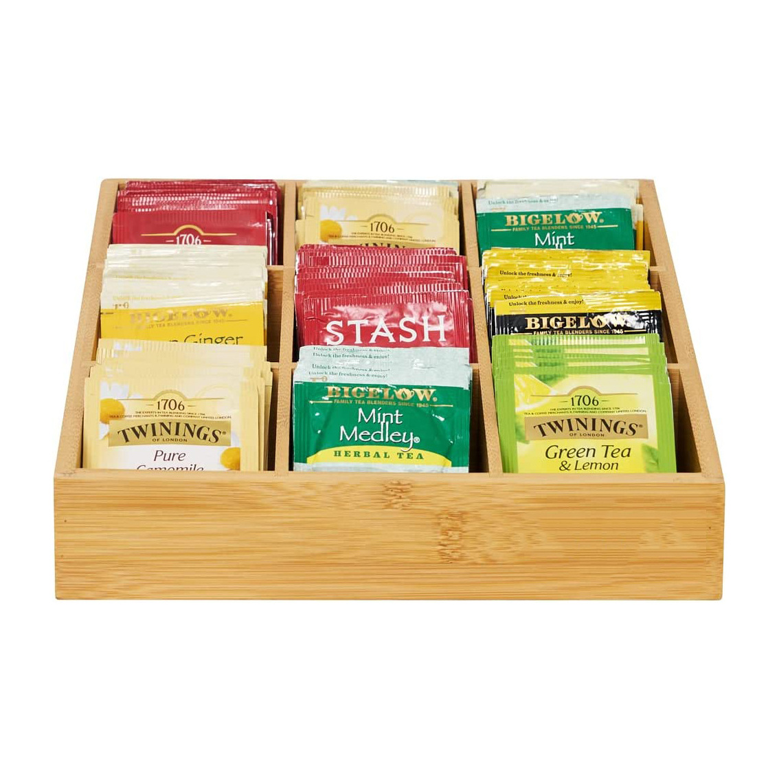 9 Compartments Bamboo Tea bag Storage Box Chest Tea Bag Holder Rack Storage Container Tea Caddy for Coffee