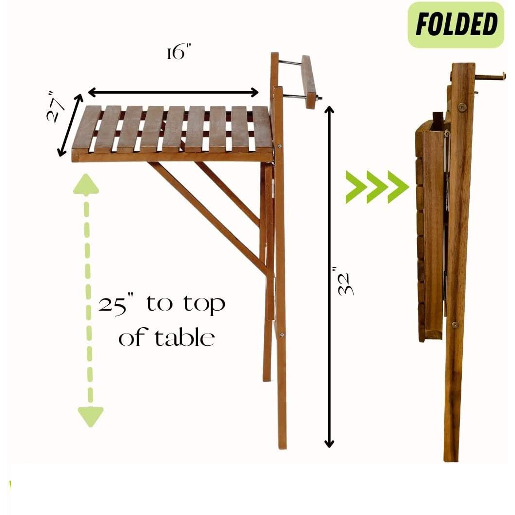 Outdoor Folding Balcony Table Foldable Acacia Wood Deck Bar Portable Apartment Balcony, Railing & Porch Furniture