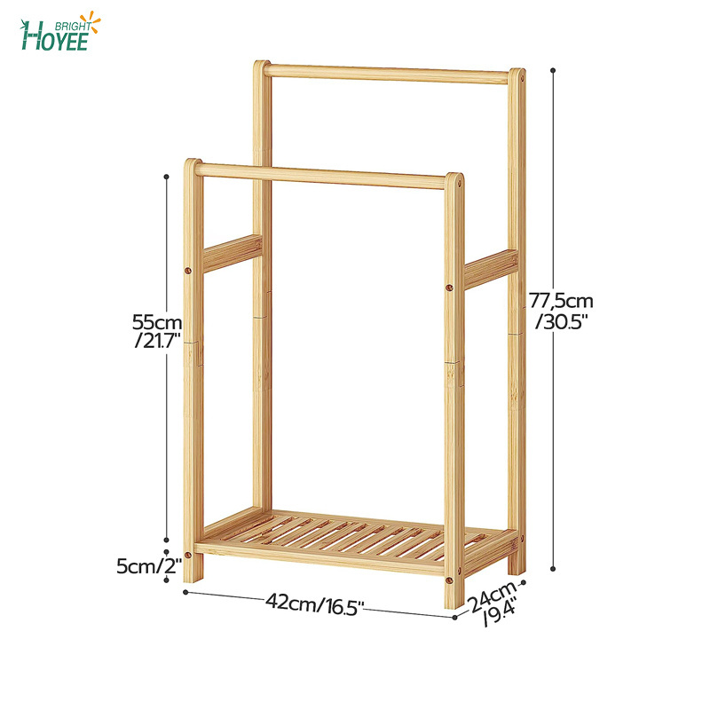 6 Freestanding Towel Rack for Bathroom, 2 Tier Decorative Bamboo Blanket Rack, Quilt Display Stand with Storage Shelf