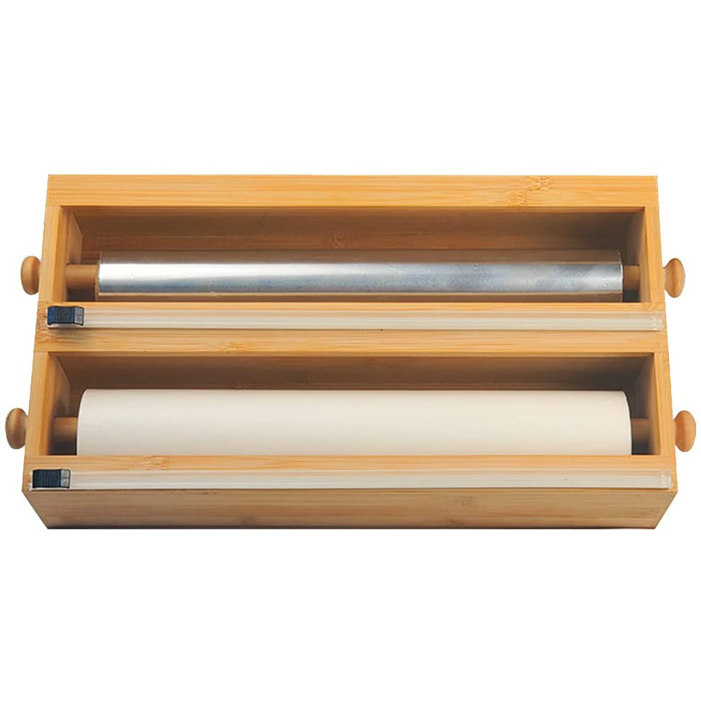 Bamboo Aluminum Foil Dispenser with Cutter-2 and 1 Kitchen Drawer Storage Dispenser-Suitable for All 12