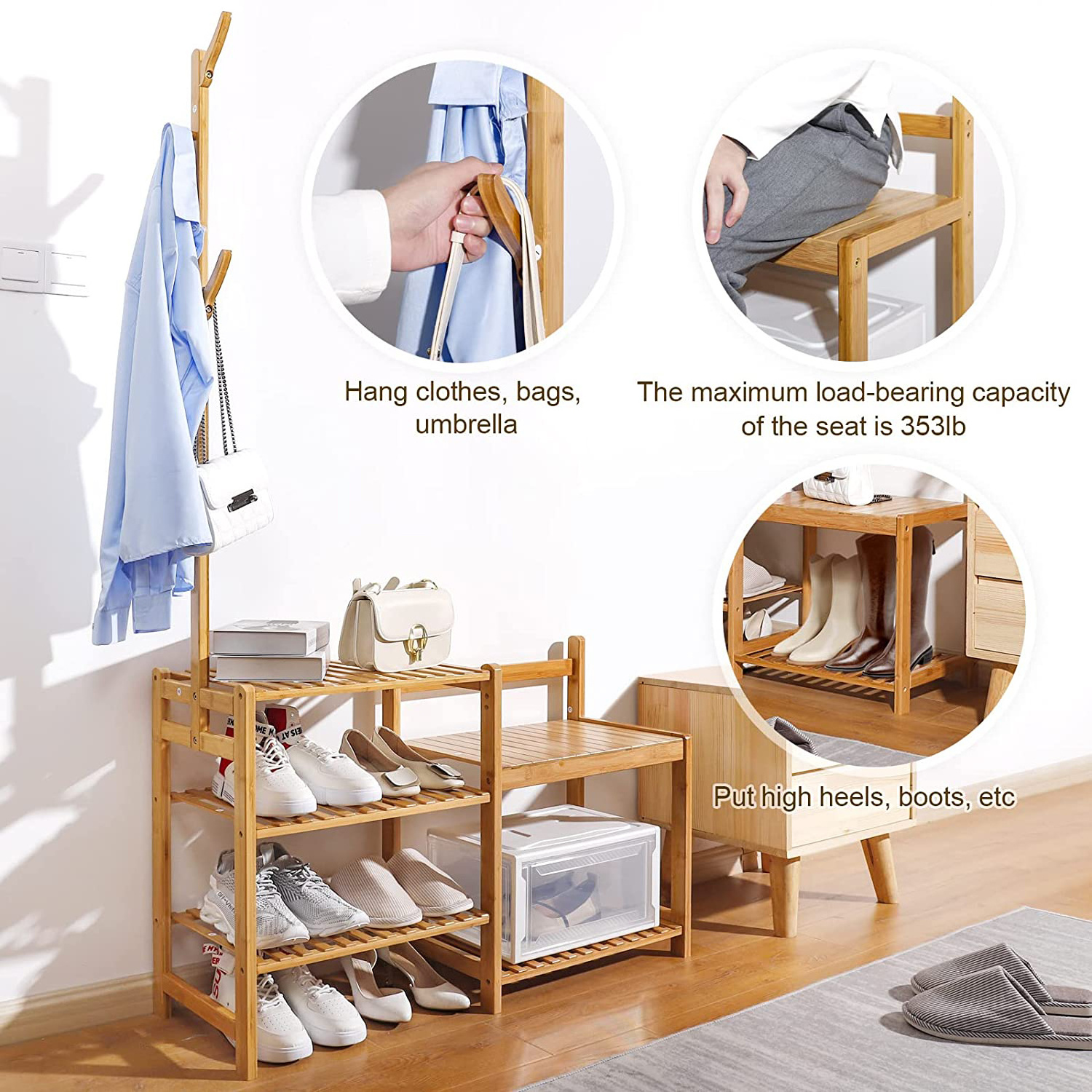 Hall Tree Bamboo 4-In-1 with Coat Rack Shoe Organizer Storage Shelf Shoe Bench organizador de zapatos organizador de maquillaje