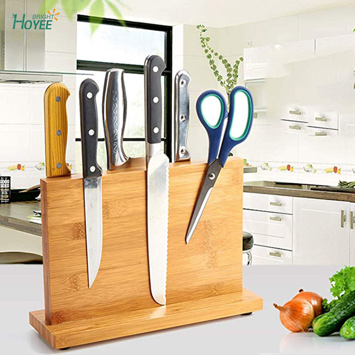 Block Holder Bamboo Knife Dock Organizer Strong Magnets Knife Guard Holder Cutlery Storage