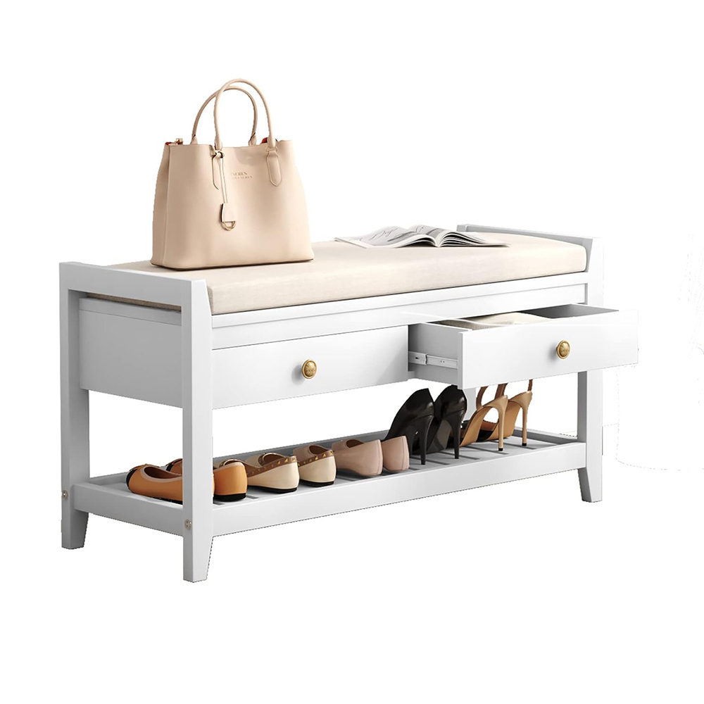 Wood Shoe Cabinet Bench with 2 Drawers and Storage Shelf