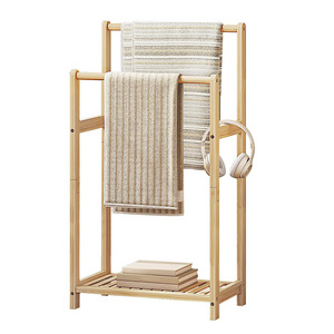 6 Freestanding Towel Rack for Bathroom, 2 Tier Decorative Bamboo Blanket Rack, Quilt Display Stand with Storage Shelf