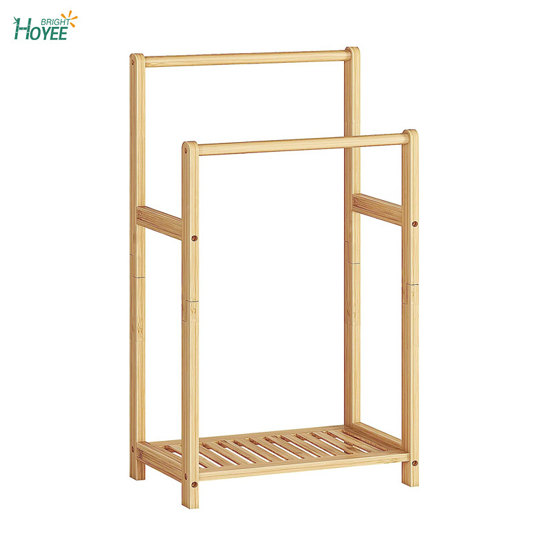 6 Freestanding Towel Rack for Bathroom, 2 Tier Decorative Bamboo Blanket Rack, Quilt Display Stand with Storage Shelf