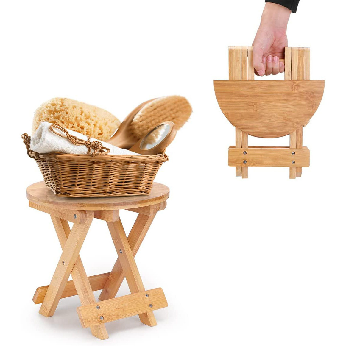 Folding Bamboo Step Stool Shower Foot Rest for Shaving Legs Fully Assembled Wooden Spa Bath Chair for Adults Kids Portable Show