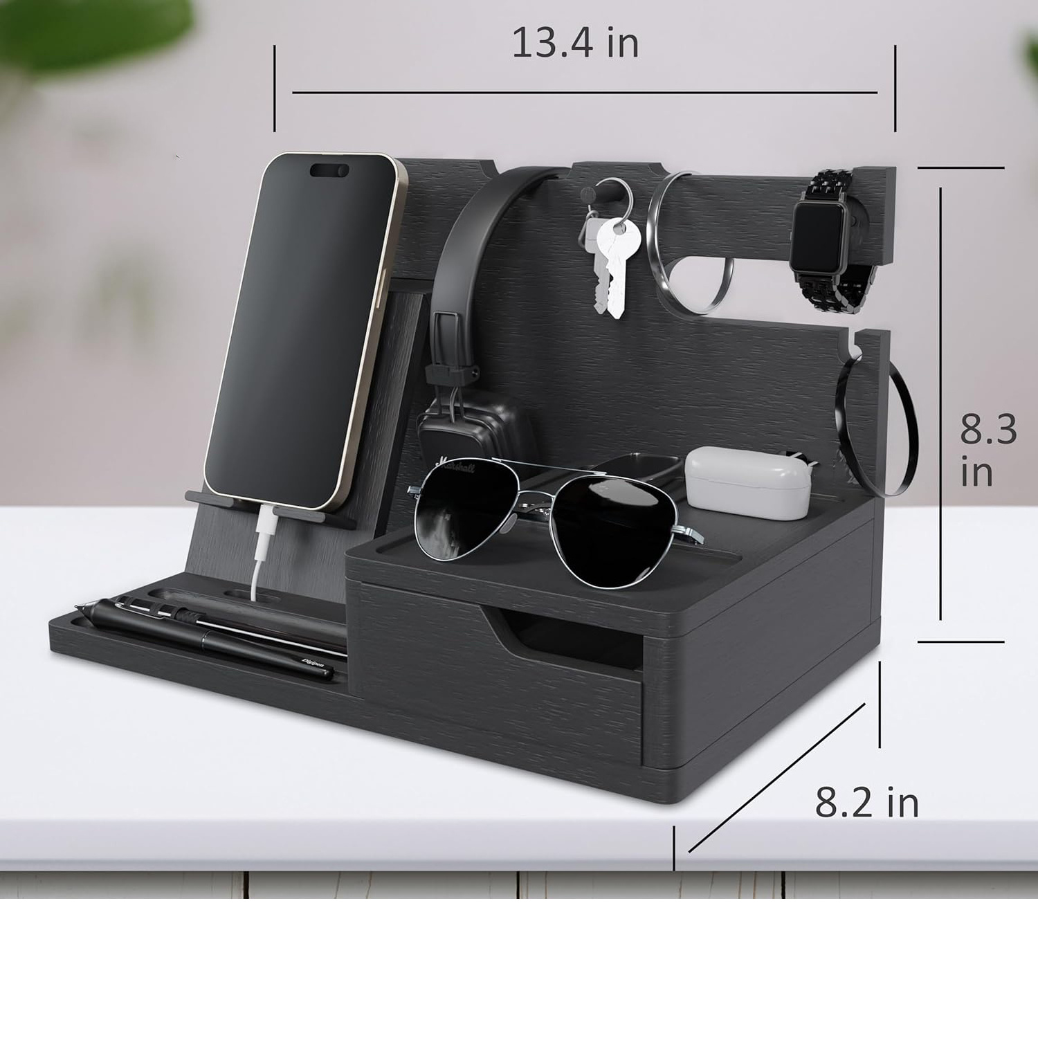 Nightstand Organizer Valet Tray wood desk organizer for Men Gifts Bedside Table Organizer for Cellphone, Headphone, Watch