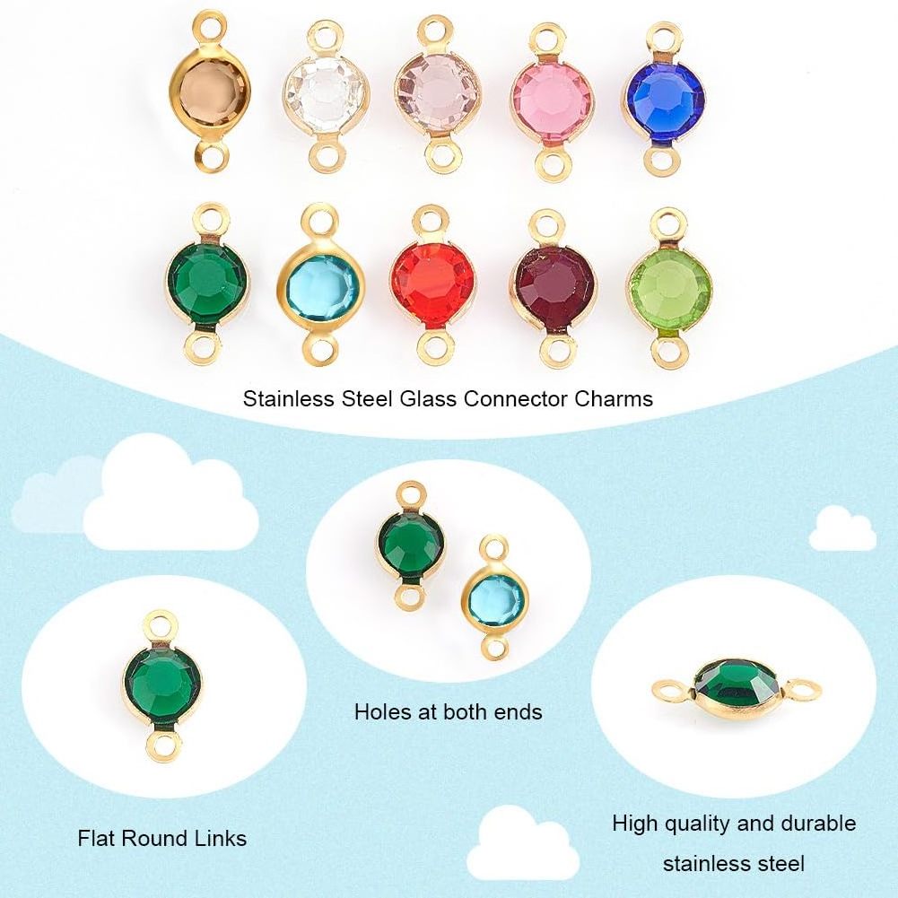 HOYO 304 Stainless Steel Rhinestone Birthstone Charm Glass Connector Pendant gold filled connector charms for jewelry making