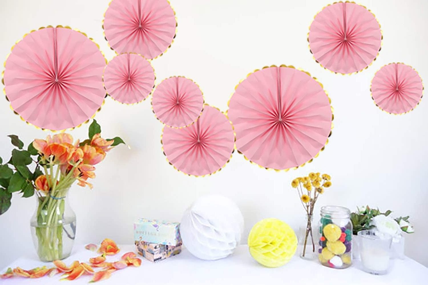 6Pcs Hanging Paper Fan Set Pink Garlands Birthday Wedding Baby Shower Girls Night Party Decorations