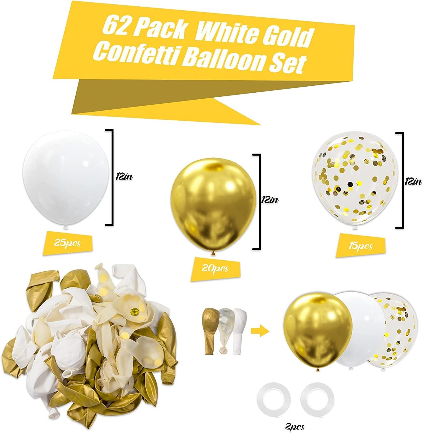 62pcs Gold White Balloons Kit 12 Inches Gold White Confetti Party Decoration Balloons for Graduation Baby Shower Birthday