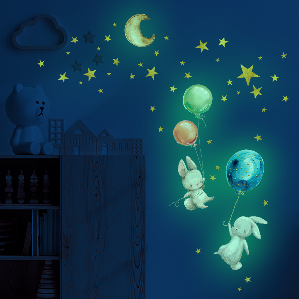 Hot sale glow LED toys Wall stickers Cartoon Rabbit Wall Decal Star Spacecraft Nightlight Decal Children's Room Decoration